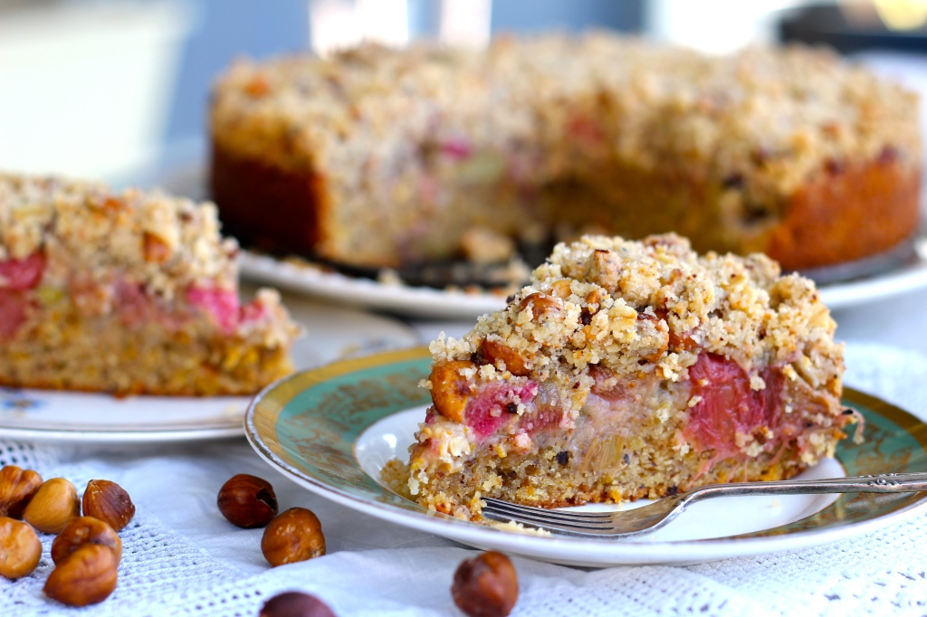 Rhubarb & Hazelnut Crumble Cake